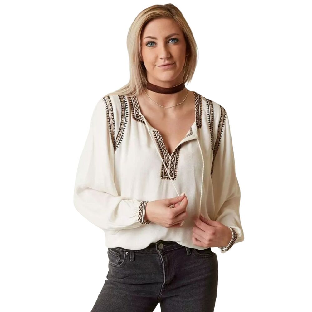 Lucky Brand Womens Embroidered Boho Top XS Ivory Long Sleeve Split Neck 7W44112